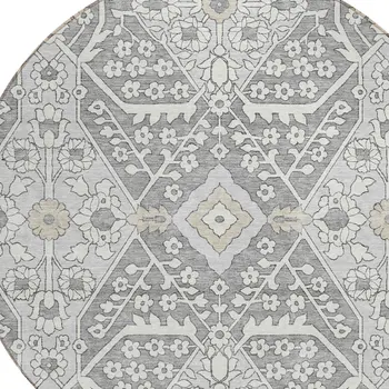 8' Gray Ivory And Silver Round Floral Washable Indoor Outdoor Area Rug