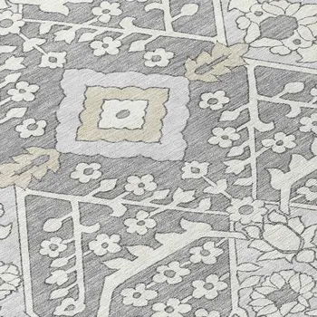 8' Gray Ivory And Silver Round Floral Washable Indoor Outdoor Area Rug