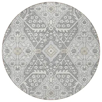 8' Gray Ivory And Silver Round Floral Washable Indoor Outdoor Area Rug