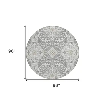 8' Gray Ivory And Silver Round Floral Washable Indoor Outdoor Area Rug