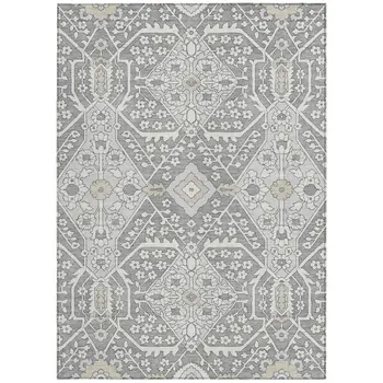 8' X 10' Gray Ivory And Silver Floral Washable Indoor Outdoor Area Rug