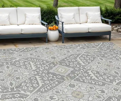 8' X 10' Gray Ivory And Silver Floral Washable Indoor Outdoor Area Rug