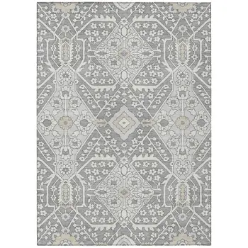 8' X 10' Gray Ivory And Silver Floral Washable Indoor Outdoor Area Rug
