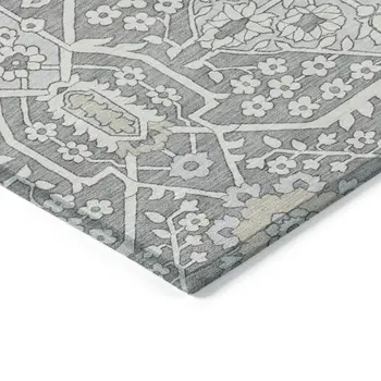 8' X 10' Gray Ivory And Silver Floral Washable Indoor Outdoor Area Rug