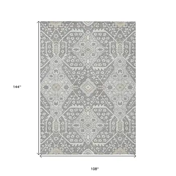 9' X 12' Gray Ivory And Silver Floral Washable Indoor Outdoor Area Rug