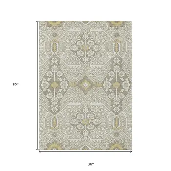 3' X 5' Ivory Beige And Gold Floral Washable Indoor Outdoor Area Rug