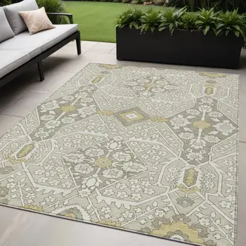 5' X 8' Ivory Beige And Gold Floral Washable Indoor Outdoor Area Rug