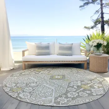 8' Ivory Beige And Gold Round Floral Washable Indoor Outdoor Area Rug