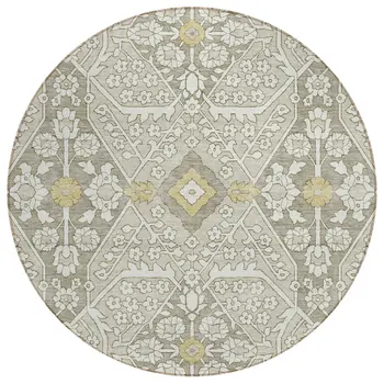 8' Ivory Beige And Gold Round Floral Washable Indoor Outdoor Area Rug