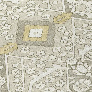 8' Ivory Beige And Gold Round Floral Washable Indoor Outdoor Area Rug
