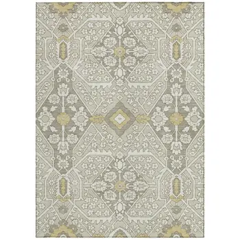 8' X 10' Ivory Beige And Gold Floral Washable Indoor Outdoor Area Rug