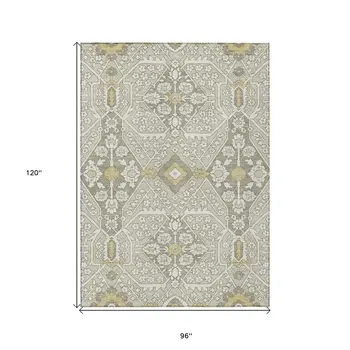 8' X 10' Ivory Beige And Gold Floral Washable Indoor Outdoor Area Rug