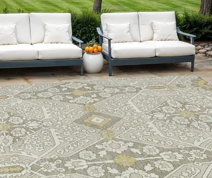 8' X 10' Ivory Beige And Gold Floral Washable Indoor Outdoor Area Rug