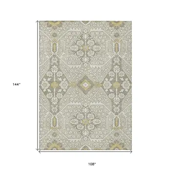 9' X 12' Ivory Beige And Gold Floral Washable Indoor Outdoor Area Rug