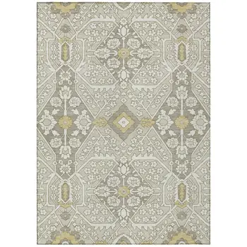 9' X 12' Ivory Beige And Gold Floral Washable Indoor Outdoor Area Rug