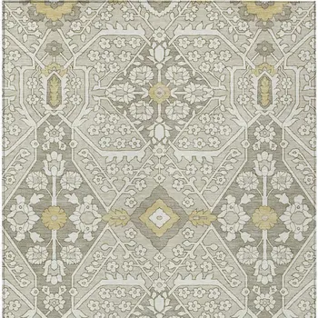 10' X 14' Ivory Beige And Gold Floral Washable Indoor Outdoor Area Rug