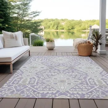 3' X 5' Lavender Gray And Beige Floral Washable Indoor Outdoor Area Rug