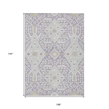 9' X 12' Lavender Gray And Beige Floral Washable Indoor Outdoor Area Rug