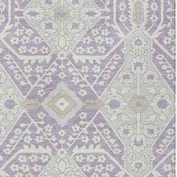 10' X 14' Lavender Gray And Beige Floral Washable Indoor Outdoor Area Rug