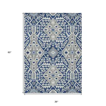 3' X 5' Navy Blue Gray And Ivory Floral Washable Indoor Outdoor Area Rug