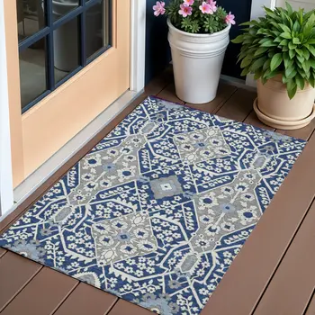 3' X 5' Navy Blue Gray And Ivory Floral Washable Indoor Outdoor Area Rug