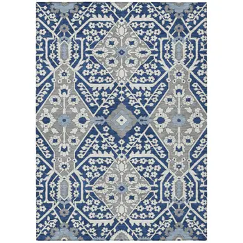 3' X 5' Navy Blue Gray And Ivory Floral Washable Indoor Outdoor Area Rug