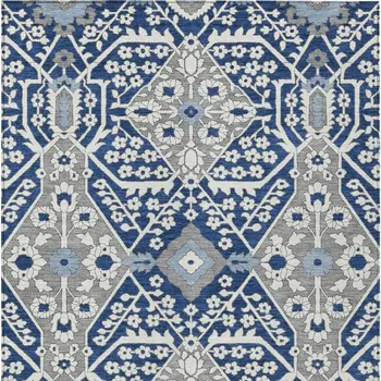 5' X 8' Navy Blue Gray And Ivory Floral Washable Indoor Outdoor Area Rug