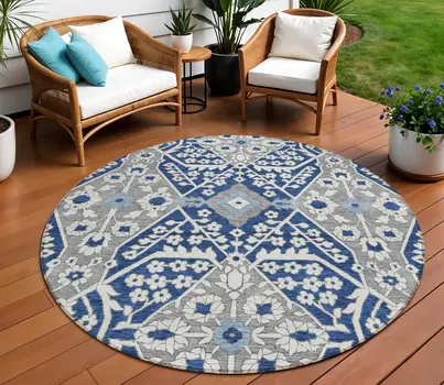 8' Navy Blue Gray And Ivory Round Floral Washable Indoor Outdoor Area Rug
