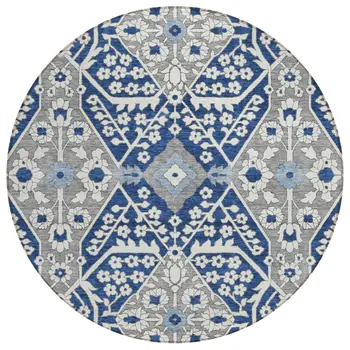 8' Navy Blue Gray And Ivory Round Floral Washable Indoor Outdoor Area Rug