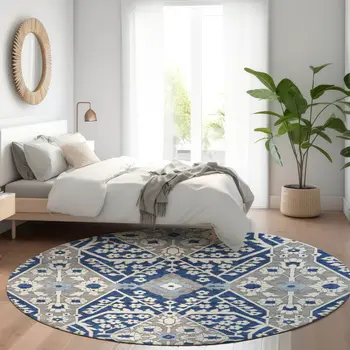 8' Navy Blue Gray And Ivory Round Floral Washable Indoor Outdoor Area Rug