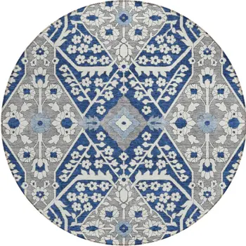8' Navy Blue Gray And Ivory Round Floral Washable Indoor Outdoor Area Rug