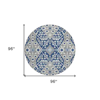 8' Navy Blue Gray And Ivory Round Floral Washable Indoor Outdoor Area Rug
