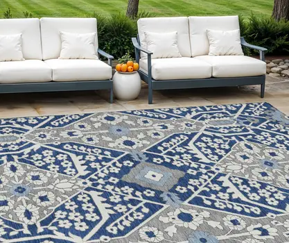 8' X 10' Navy Blue Gray And Ivory Floral Washable Indoor Outdoor Area Rug