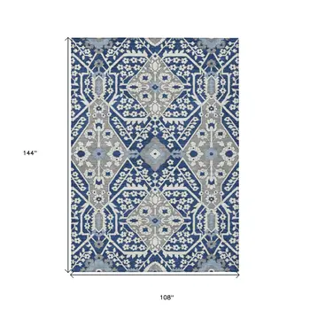 9' X 12' Navy Blue Gray And Ivory Floral Washable Indoor Outdoor Area Rug