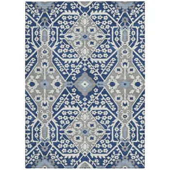10' X 14' Navy Blue Gray And Ivory Floral Washable Indoor Outdoor Area Rug