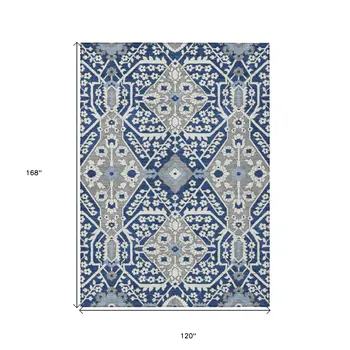 10' X 14' Navy Blue Gray And Ivory Floral Washable Indoor Outdoor Area Rug