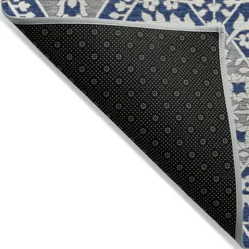 10' X 14' Navy Blue Gray And Ivory Floral Washable Indoor Outdoor Area Rug