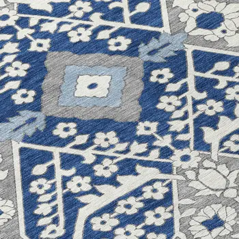 10' X 14' Navy Blue Gray And Ivory Floral Washable Indoor Outdoor Area Rug