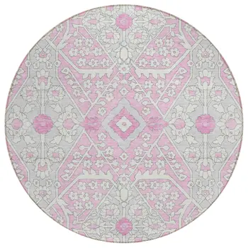 8' Pink Ivory And Gray Round Floral Washable Indoor Outdoor Area Rug