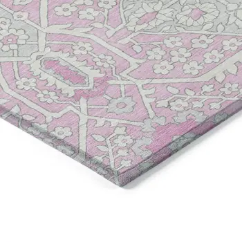 8' Pink Ivory And Gray Round Floral Washable Indoor Outdoor Area Rug