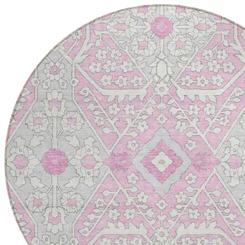 8' Pink Ivory And Gray Round Floral Washable Indoor Outdoor Area Rug