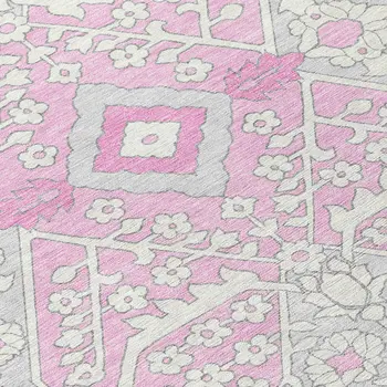 8' Pink Ivory And Gray Round Floral Washable Indoor Outdoor Area Rug