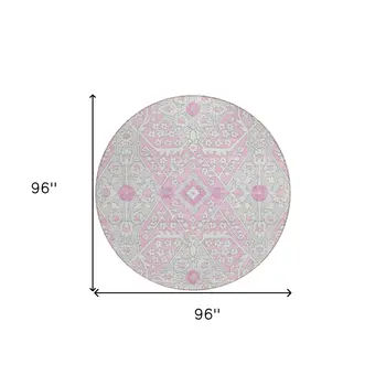 8' Pink Ivory And Gray Round Floral Washable Indoor Outdoor Area Rug