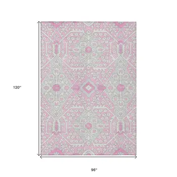 8' X 10' Pink Ivory And Gray Floral Washable Indoor Outdoor Area Rug