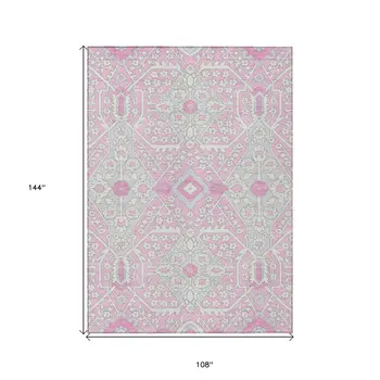 9' X 12' Pink Ivory And Gray Floral Washable Indoor Outdoor Area Rug