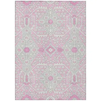 9' X 12' Pink Ivory And Gray Floral Washable Indoor Outdoor Area Rug