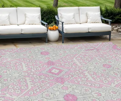10' X 14' Pink Ivory And Gray Floral Washable Indoor Outdoor Area Rug