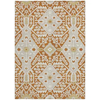 3' X 5' Orange Beige And Gold Floral Washable Indoor Outdoor Area Rug