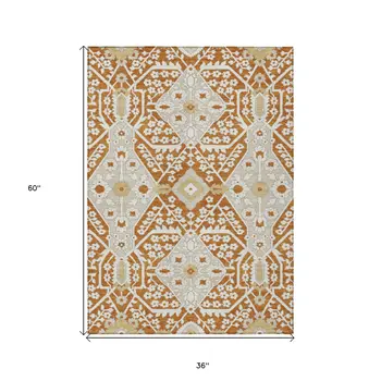 3' X 5' Orange Beige And Gold Floral Washable Indoor Outdoor Area Rug