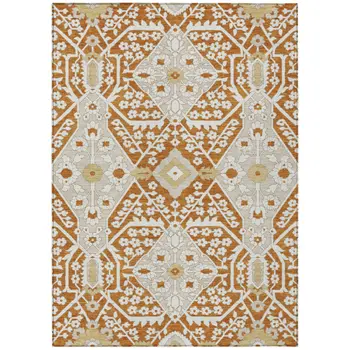 3' X 5' Orange Beige And Gold Floral Washable Indoor Outdoor Area Rug